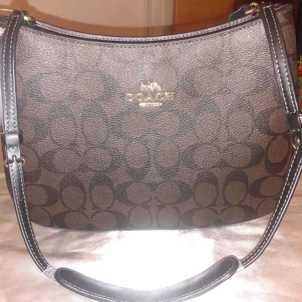 Coach Brown Signature Canvas Shoulder Bag with Gold Logo - Picture 7 of 8